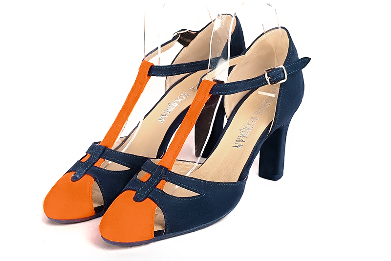 Clementine orange and navy blue women's T-strap open side shoes. Round toe. High kitten heels. Front view - Florence KOOIJMAN